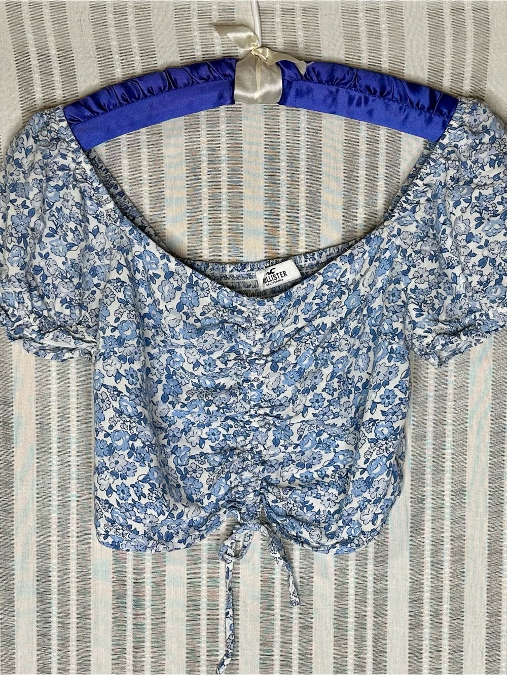 Hollister Light Blue Floral Ruched Drawstring Crop Top